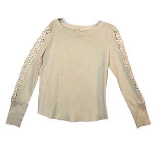 Sundance Ivory Cotton Thermal Knit Pullover Top Long Sleeve Lace Detail Womens M